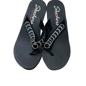 Skechers Yoga Foam Wedge Sandals Size 9 Black Rhinestones Pearls Beads Y2K